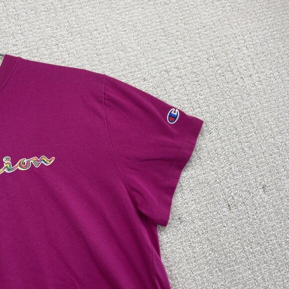 Champion T-shirt Women Sz M Fushia w/ Trippy Multicolor Script Logo Spell Out - Picture 4 of 8